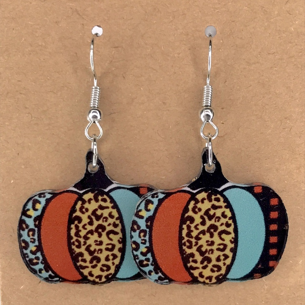 2D Acrylic Pumpkin Fall Leopard Print, Orange and Teal Dangle Earrings - Picture 4 of 4